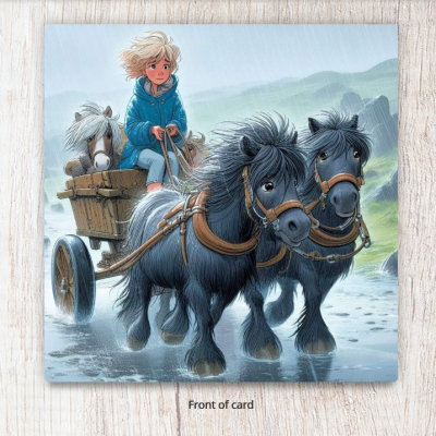 Black Shetlands across rainy moor Card