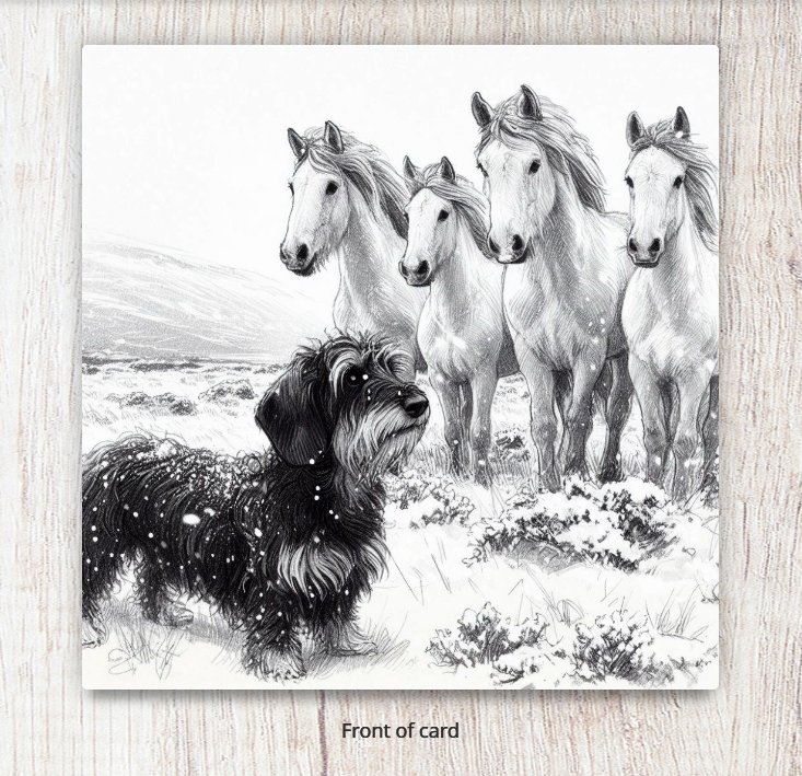 Connemara Ponies and Inca in the Snow Card